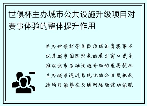 世俱杯主办城市公共设施升级项目对赛事体验的整体提升作用